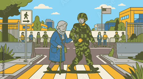 Courage and Compassion: Elderly Woman Guided by Military Personnel at Crosswalk in Civilian Area