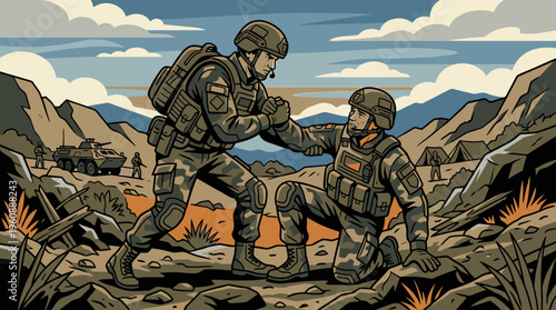 Heroic Military Soldiers Reaching Out in Wilderness Combat Terrain with Backdrop of Mountains and Drone Aircraft