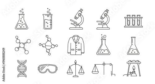 Science laboratory equipment and symbols.