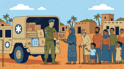 Humanitarian Aid Delivery: Military Volunteer Distributes Supplies to Community Members in a Rural Village Setting