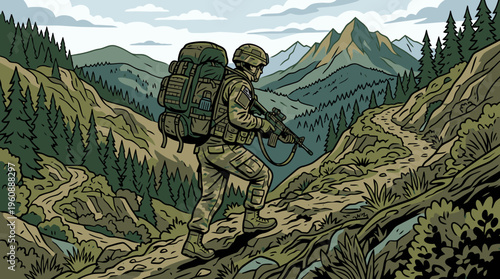 Military Climber Trekking Through Scenic Mountain Wilderness with Backpack and Rifle in Natural Landscape