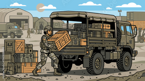 Military Cargo Truck Loading Operations with Soldier Transporting a Wooden Crate in a Logistics Yard