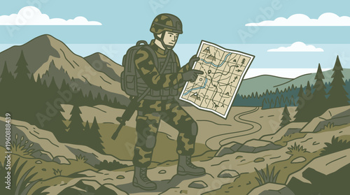Military Scout Using a Map in a Mountainous Wilderness Terrain for Strategic Navigation and Adventure Planning