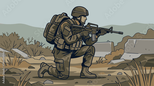 Military Soldier in Camouflage Gear Holding Rifle in a Rocky Outdoor Terrain Scene