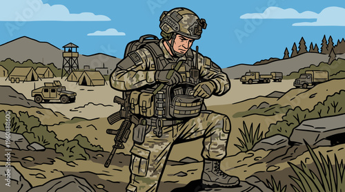 Military Soldier on Patrol in a Terrain with Armored Vehicles and Watchtower Combat Scene