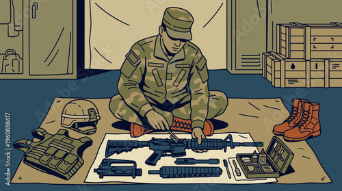 Military Soldier Preparing Tactical Gear and Equipment for Training or Operation Indoors