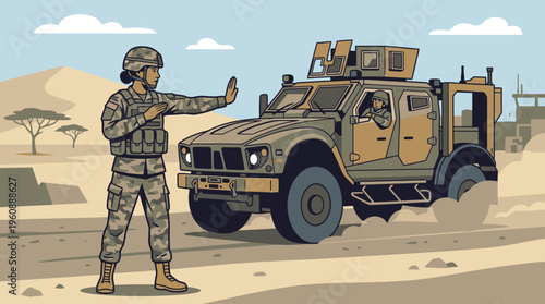 Military Soldier Signaling Near Armored Vehicle in Desert Terrain for Defense and Security Operations