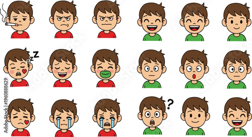 Cartoon Boy Facial Expressions Set Featuring Happy, Sad, Angry, Sleeping, Sick, Confused and Funny Emotions for Kids Character Animation Design.