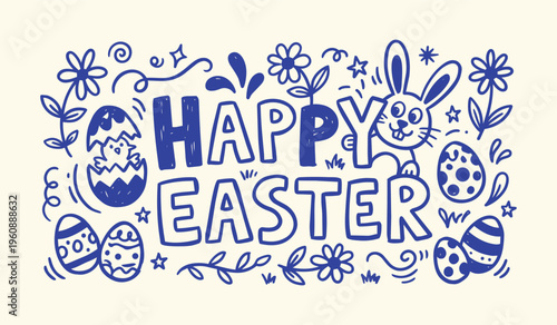 Hand Drawn Easter Doodle Illustration with Cute Bunny, Chick in Egg, and Floral Ornaments on Cream Background