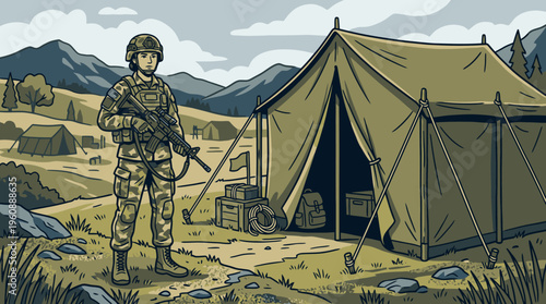 Military Soldier Standing Near Combat Tent in Mountainous Terrain, Outdoor Military Camp Scene with Tactical Gear and Equipment