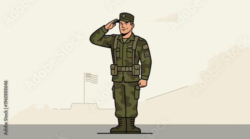 Military Soldier Standing at Attention with US Flag in Background, Uniform and Camouflage Gear, Symbol of Defense and Patriotism