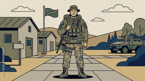 Military Soldier Standing Guard in Suburban Neighborhood with Armored Vehicle and Residential Houses