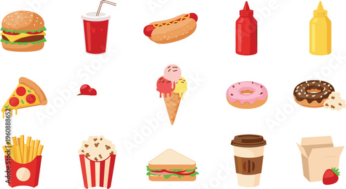 Colorful cartoon of various food and drink including burgers, fries, donuts, and coffee