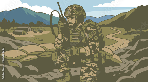 Military Tactical Soldier in Mountain Battlefield Wearing Camouflage Uniform and Helmet Amid Nature Landscape