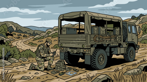 Military Technician Conducting Field Inspection Near Utility Truck in Rugged Mountain Terrain