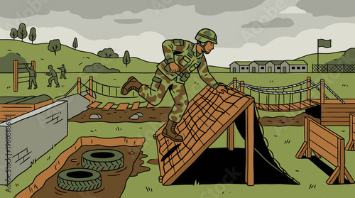 Military Training Exercise: Soldier Overcoming Obstacle Course in a Training Ground