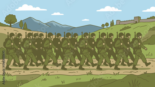 Military Training Exercise with Soldiers in Uniform Marching Across a Scenic Landscape