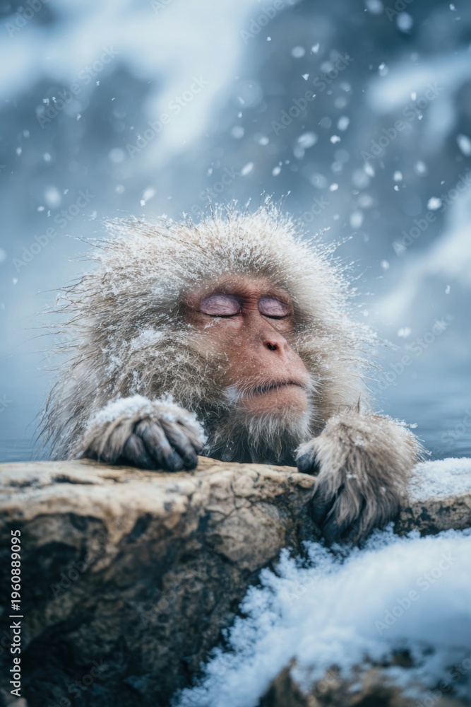 Obraz premium Geothermal hot springs resort, spa, bath pool, relaxation vacation theme. A Japanese macaque in a snowcovered hot spring, its fur a mix of white and brown. The background is blurred.