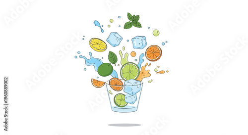 Refreshing Summer Cocktail Drink Illustration with Fruit Splash and Ice Cubes