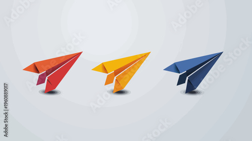 Three paper airplanes in red, yellow, and blue, casting shadows against a gradient gray background