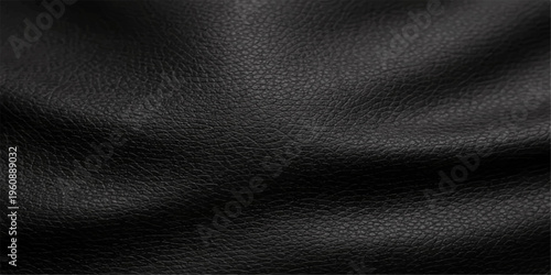 A dark black leather texture features a rough macro pattern on a vintage hide surface, creating a textured fabric material backdrop for fashion design and wallpaper backgrounds