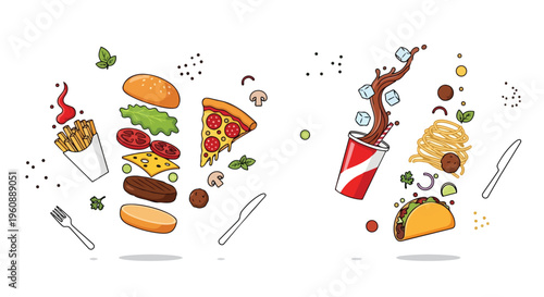 Fast Food Icons Set with Burger Pizza Taco Soda and Fries