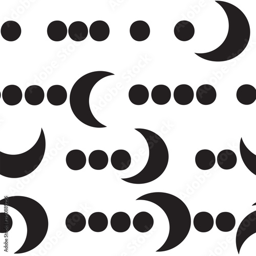 A black and white image of crescent moons and dots
