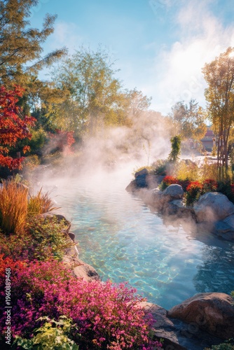 Wallpaper Mural Geothermal hot springs resort, spa, bath pool, relaxation vacation theme. A tranquil scene of a hot spring surrounded by a lush garden of vibrant flowers and trees. Torontodigital.ca