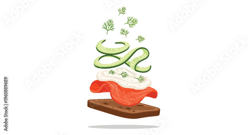 Floating Smoked Salmon Toast with Cream Cheese and Cucumber Slices Illustration