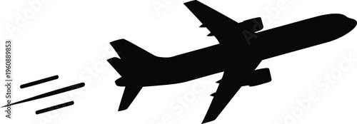 Black airplane silhouette flying high with speed motion lines for aviation design concept.