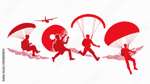 A red silhouette of skydivers, an airplane, and a mountainous landscape