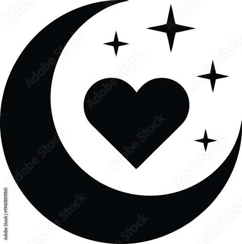 Crescent moon silhouette with heart shape and sparkling stars for night time love concept.