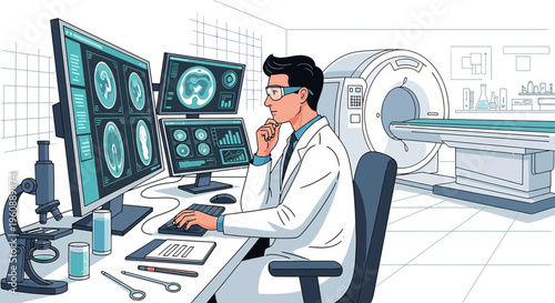 Doctor analyzing medical scans on computer in MRI room with advanced technology