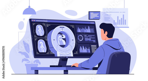 Doctor Analyzing Medical Scans on Computer Screen - Medical Technology and Healthcare Concept