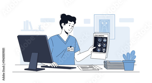 Doctor Analyzing Medical Scans on Computer Screen in Modern Clinic Office
