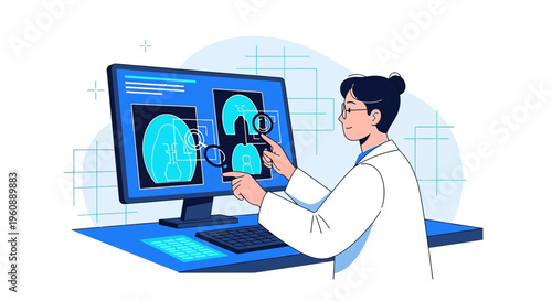 Doctor Analyzing Medical Scans on Computer Screen, Futuristic Healthcare Technology