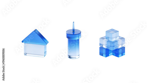 A 3d illustration of a blue plastic water bottle designed as a house icon to represent a real estate property construction concept
