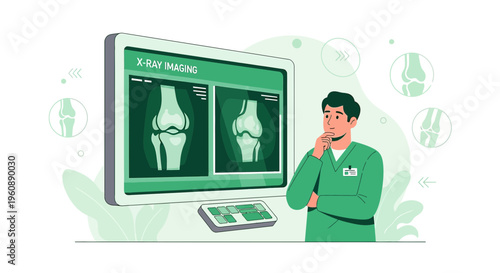 Doctor Analyzing Knee X-Ray Images on Computer Screen, Medical Diagnosis Concept