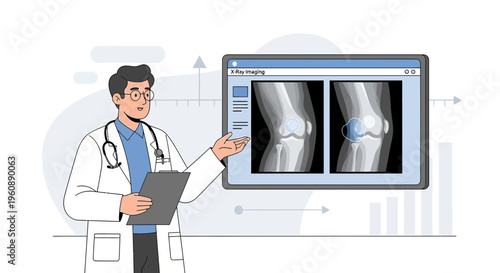 Doctor Analyzing Knee X-Ray Images on Digital Screen, Medical Diagnosis Concept