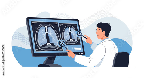 Doctor analyzing lung CT scan on computer screen, medical diagnosis concept