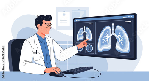 Doctor analyzing lung X-ray on computer screen, medical technology, healthcare concept