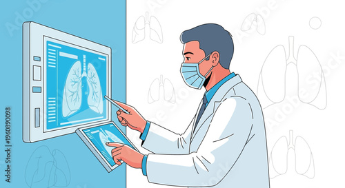 Doctor analyzing lung X-ray on digital screen, medical technology concept