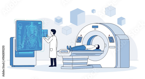 Doctor Analyzing Medical Scan on Futuristic Screen Next to MRI Machine with Patient