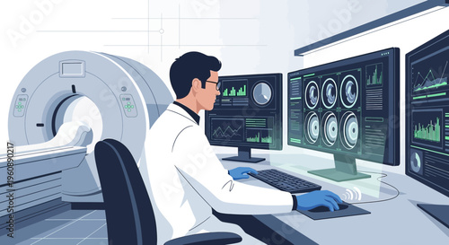 Doctor analyzing medical scan results on computer in radiology department with CT scanner