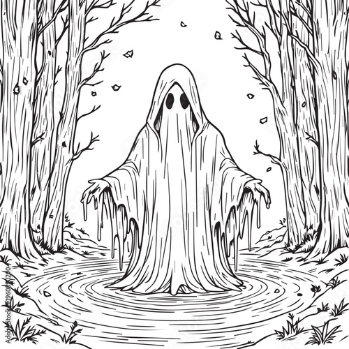 Black and white ghostly figure in forest vector illustration for supernatural horror and mystery design