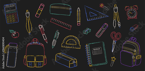 Hand-drawn chalk back to school set. School supplies drawn in chalk on a dark background. Backpack, ruler, scissors, notebooks, pencil case, compass and other.