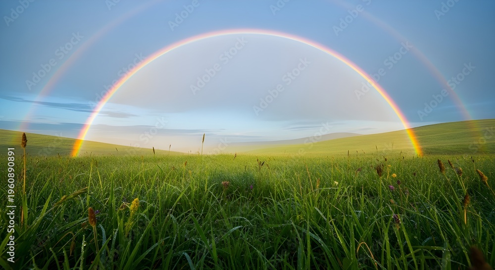 Obraz premium A vibrant double rainbow stretches across a serene green meadow under a blue sky