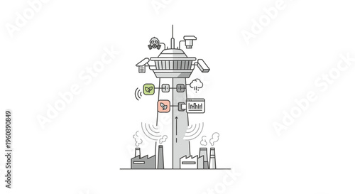 Industrial cityscape with pollution and technology.