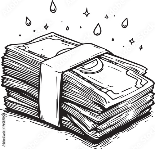 Black and white stack of money bills vector illustration for finance wealth success and business design