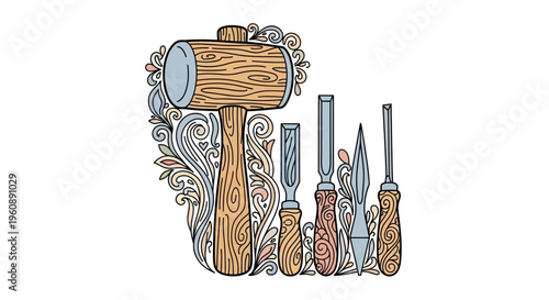 Woodworking tools and wooden mallet set.